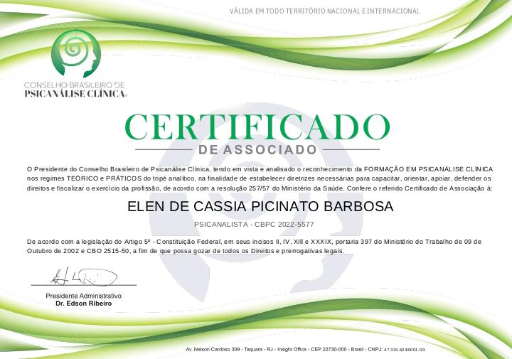 Certificado – Conselho Brasileiro de Psicanálise Clínica